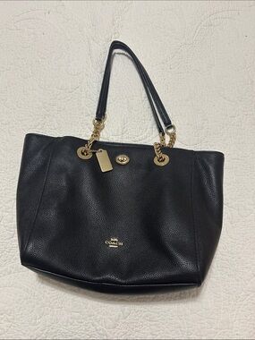 Coach Black Pebbled Leather Tote with Gold Chain Accents 10 x 15‎